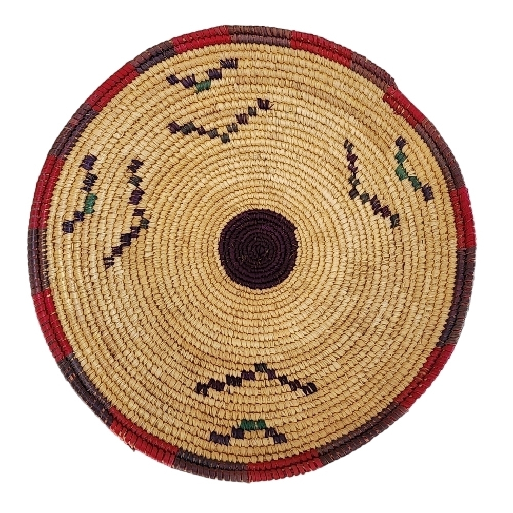 Vintage hand woven basket bowl with platform base southwest native
